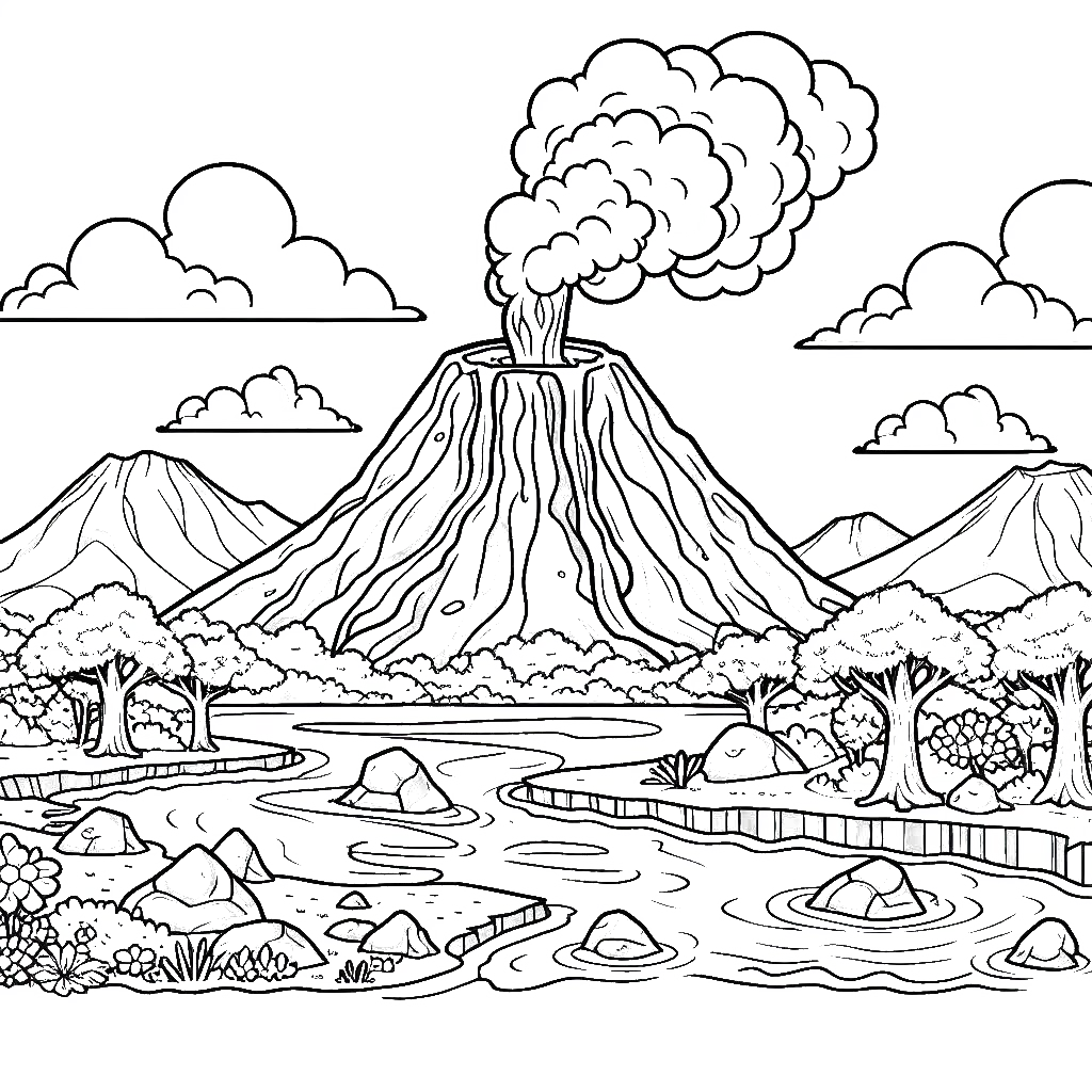 Volcano Landscape 🌋 Coloring Page