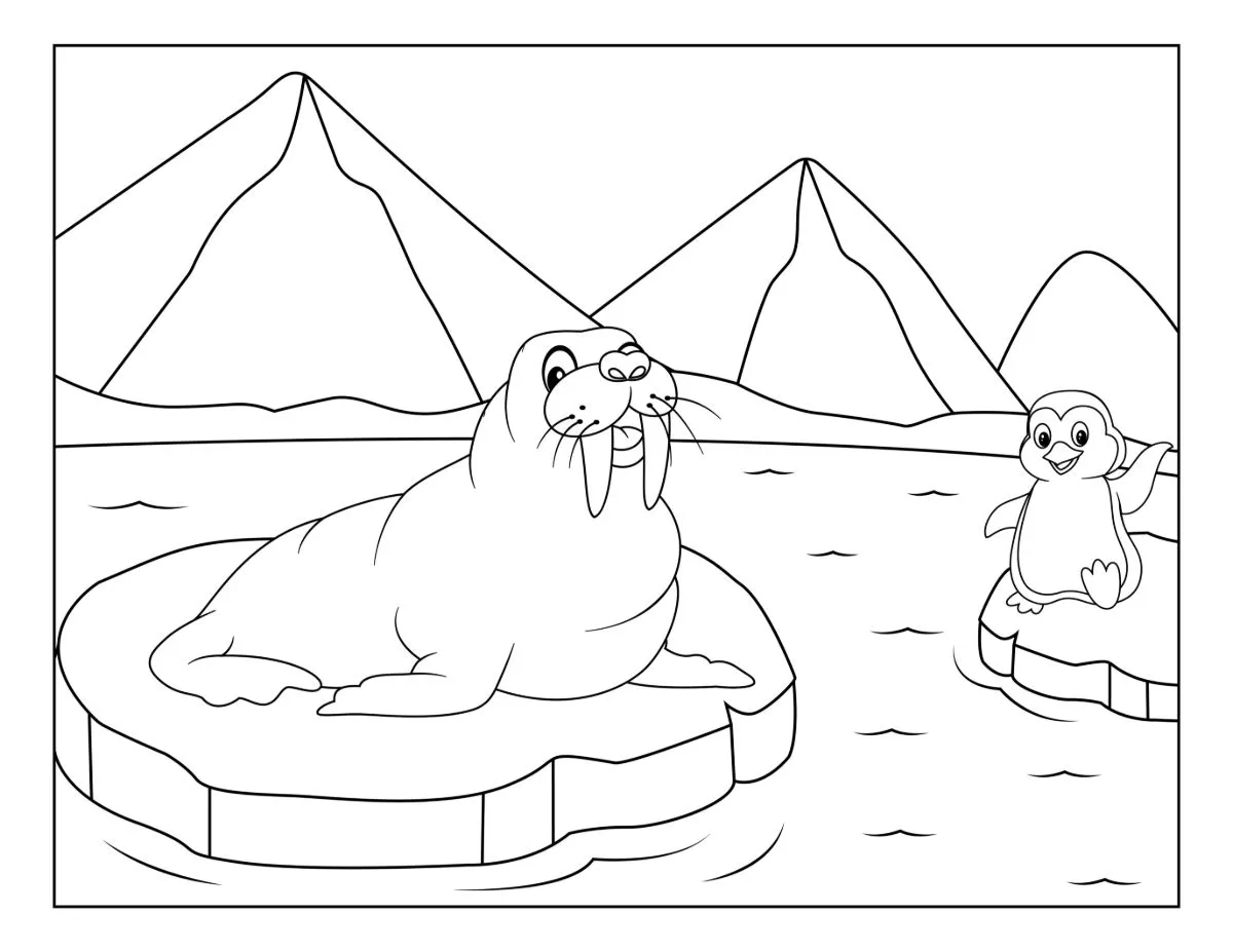 Walrus and Penguin on Ice Floes in a Polar Scene 🐧❄️🌊🐾 Coloring Page