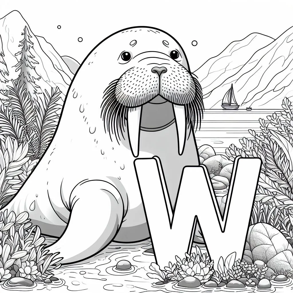 Walrus with Letter W Coloring Page