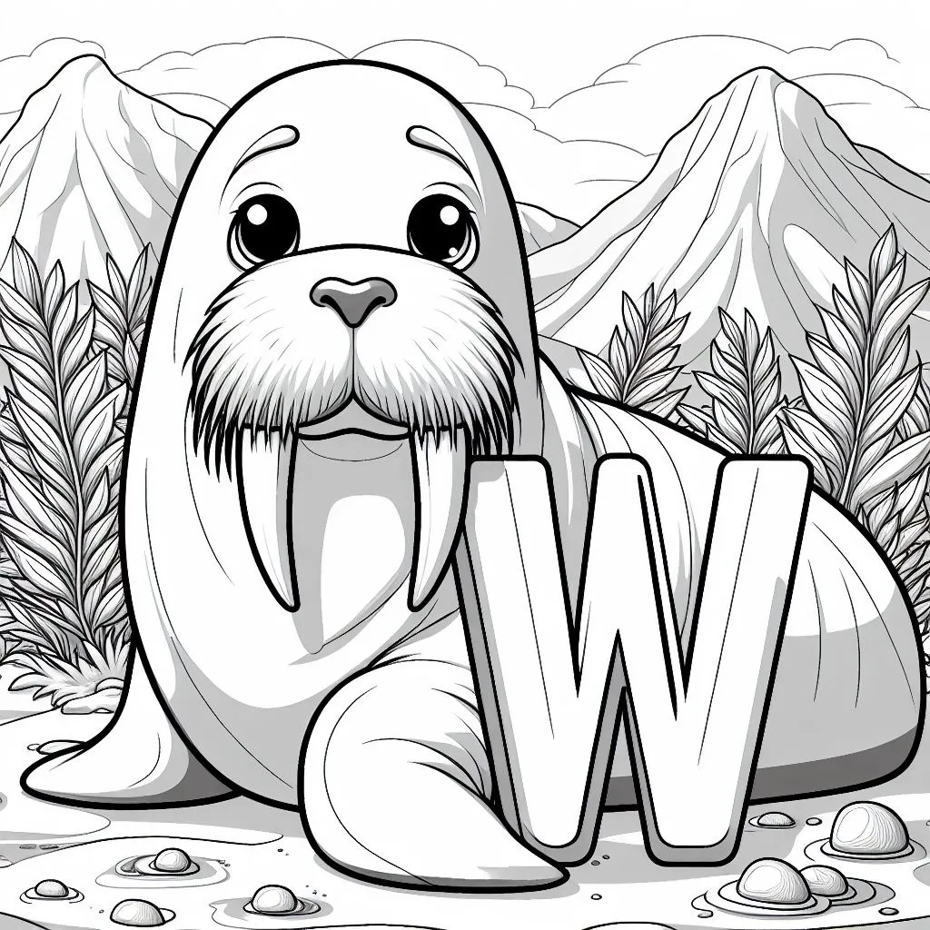 Walrus with Letter W Coloring Page