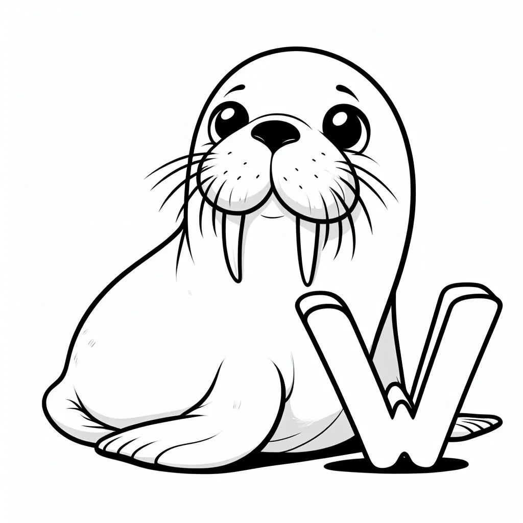 Walrus with Letter W Coloring Page