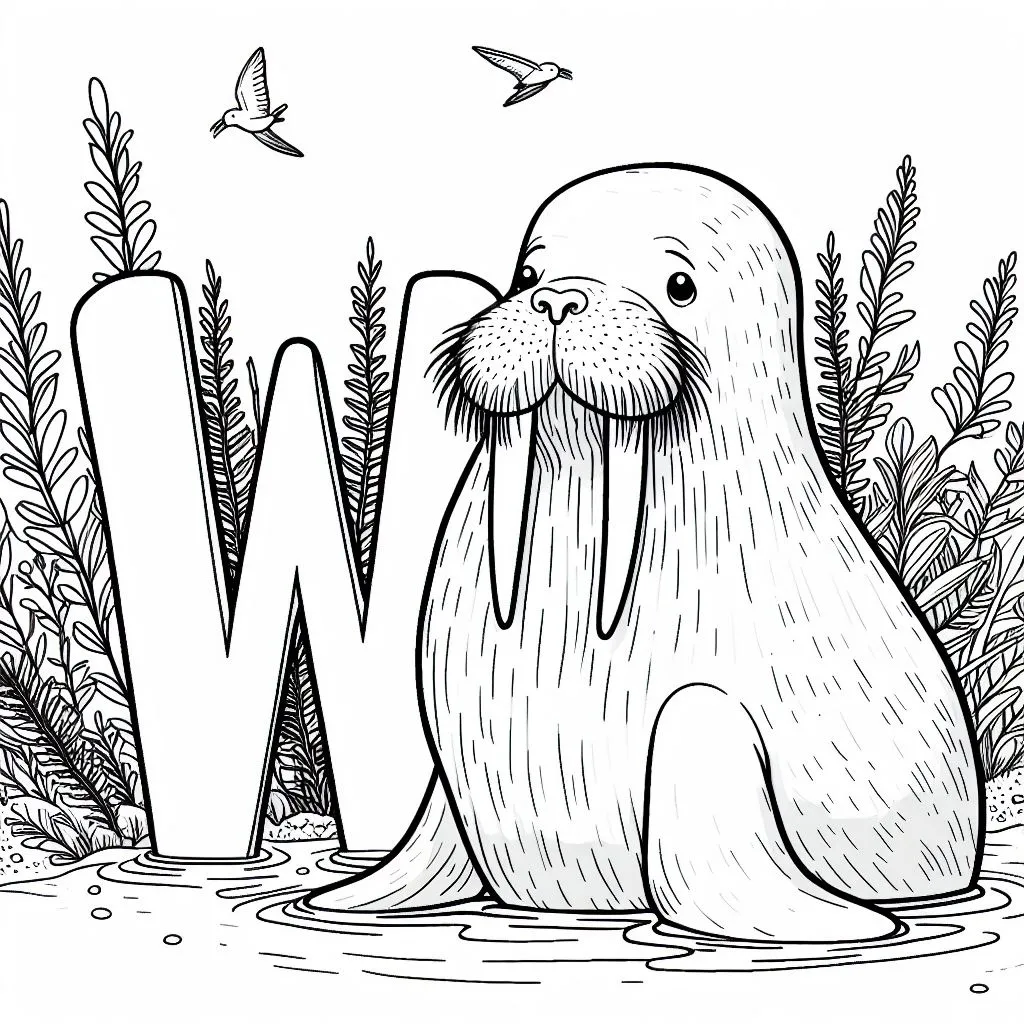 Walrus with Letter W Coloring Page