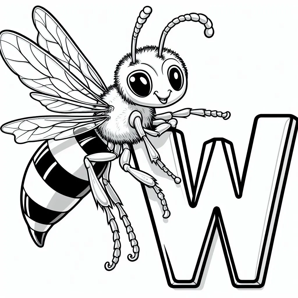 Wasp with Letter W 🐝 Coloring Page