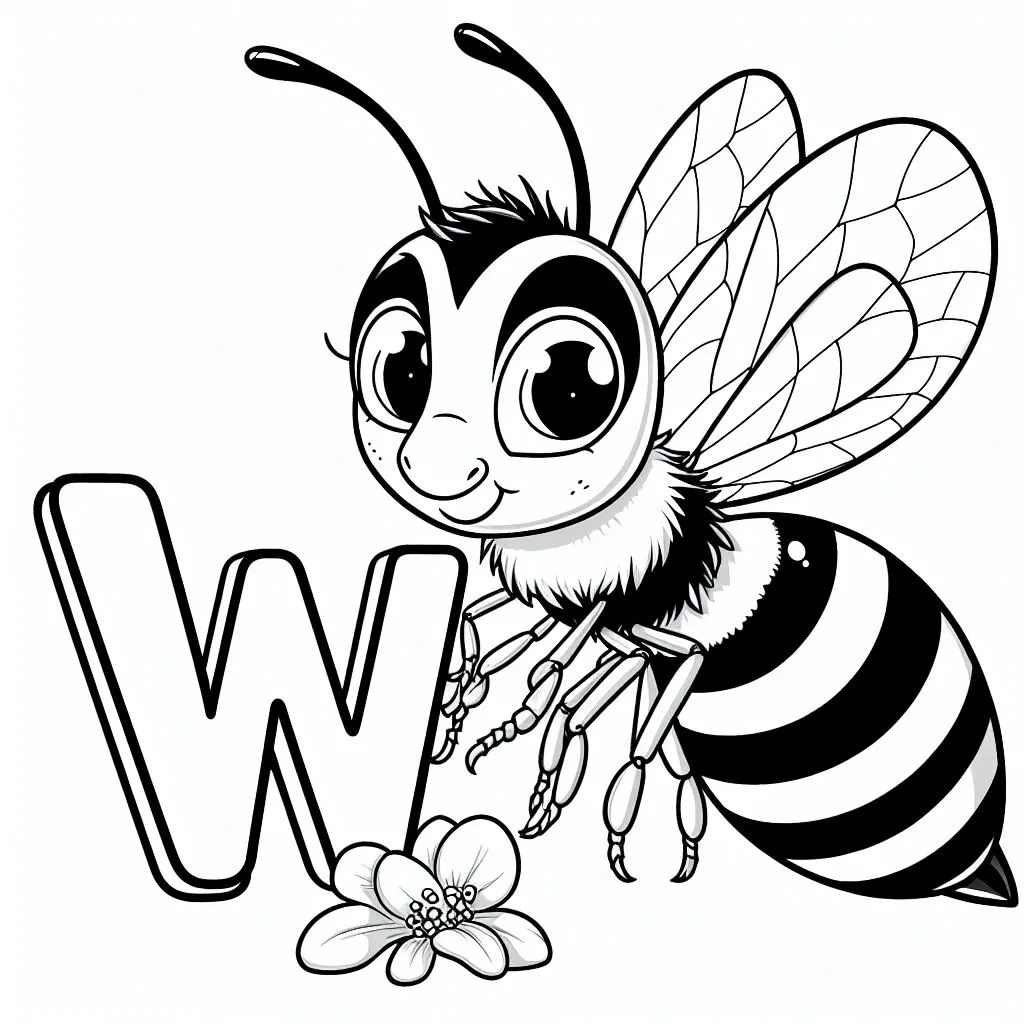 Wasp with Letter W and a Flower 🐝🌸 Coloring Page