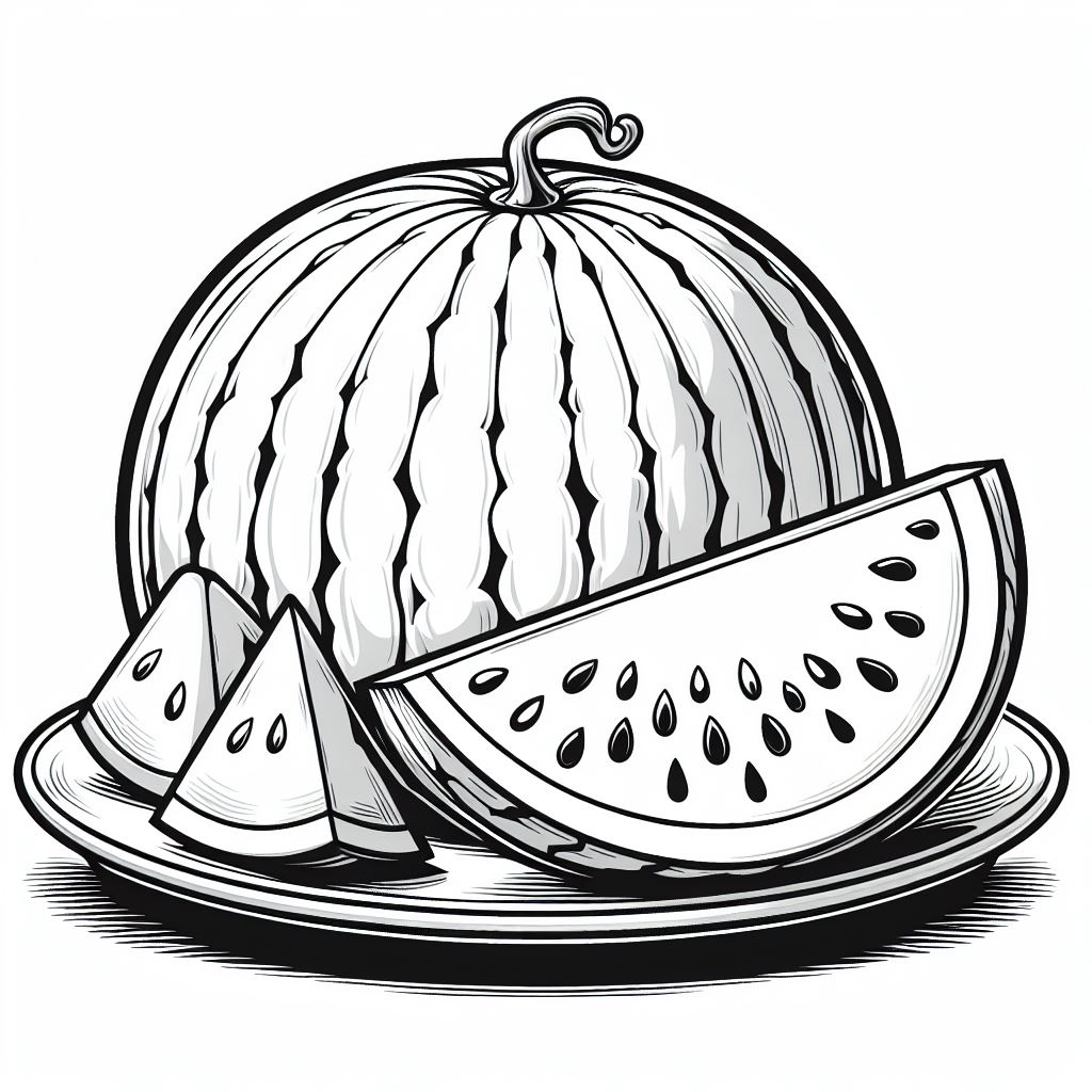 Watermelon Cut on Plate 🍉🍽️ Coloring Page