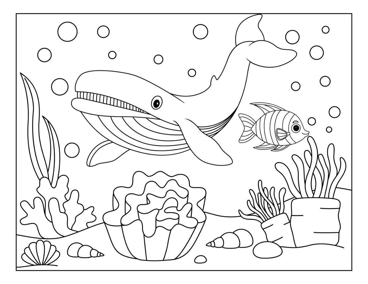 Whale and Fish in a Colorful Underwater Coral Scene 🐋🐠🌊🐚 Coloring Page