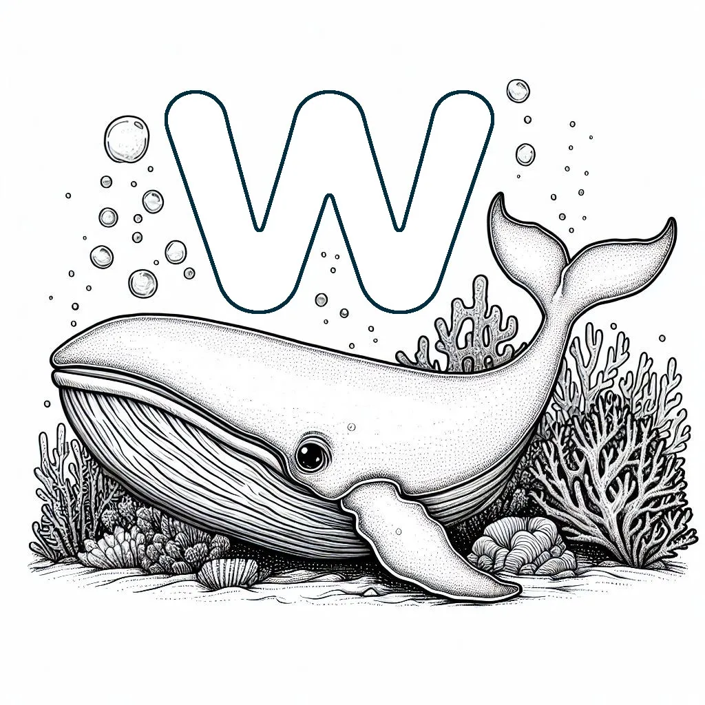 Whale Under the Sea with Coral and Letter W 🐋🌊🌺 Coloring Page