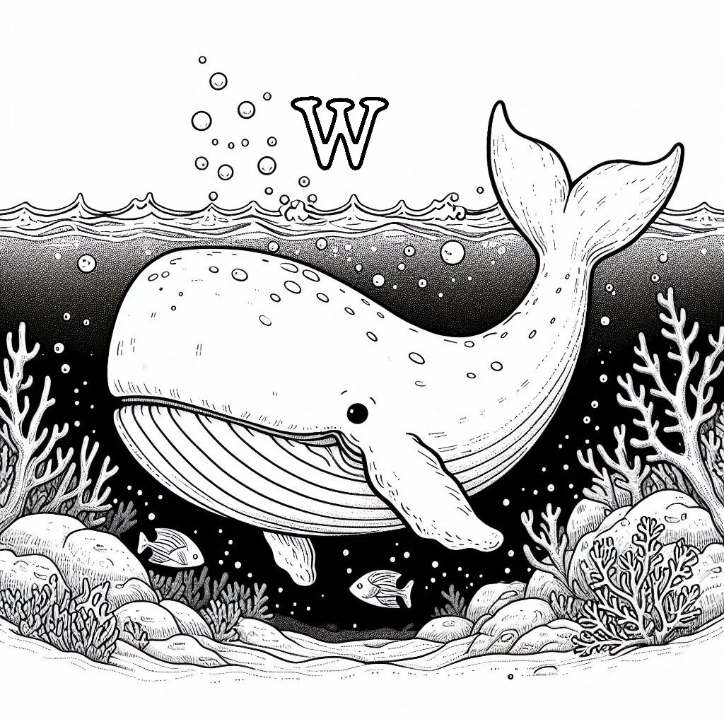 Whale Under the Sea with Coral and Letter W 🐋🌊🌺 Coloring Page