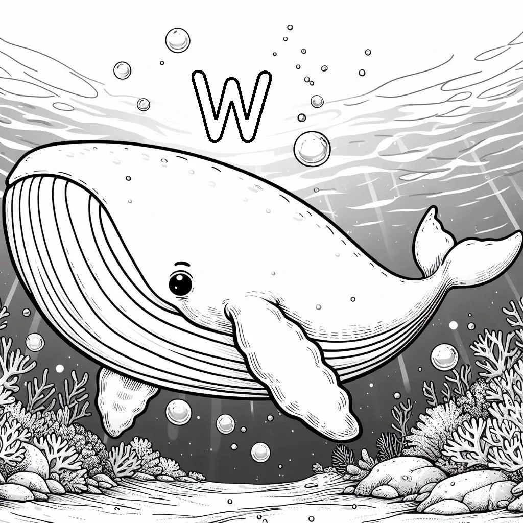 Whale Under the Sea with Coral and Letter W 🐋🌊🌺 Coloring Page
