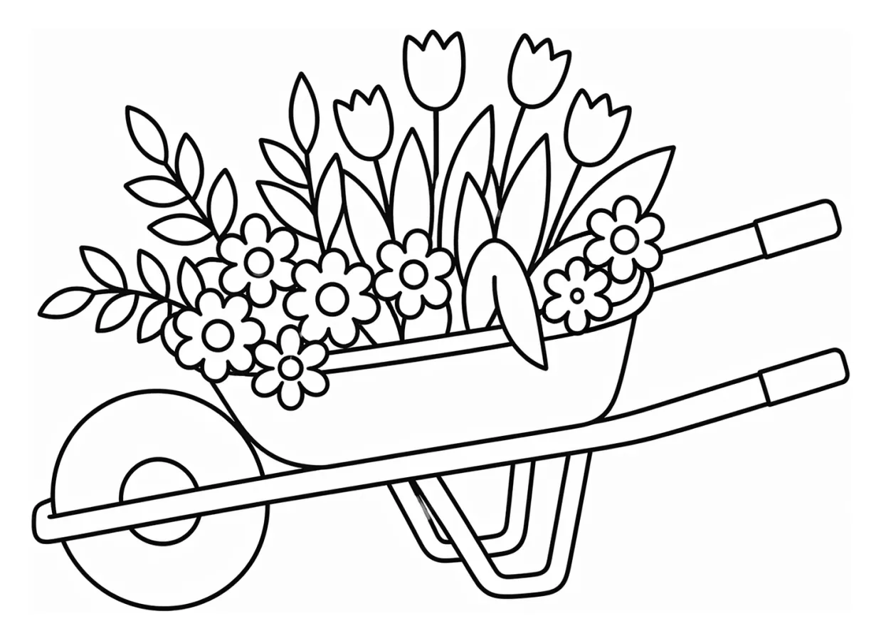 Wheelbarrow Full of Colorful Flowers and Green Leaves 🌸🌿 Coloring Page