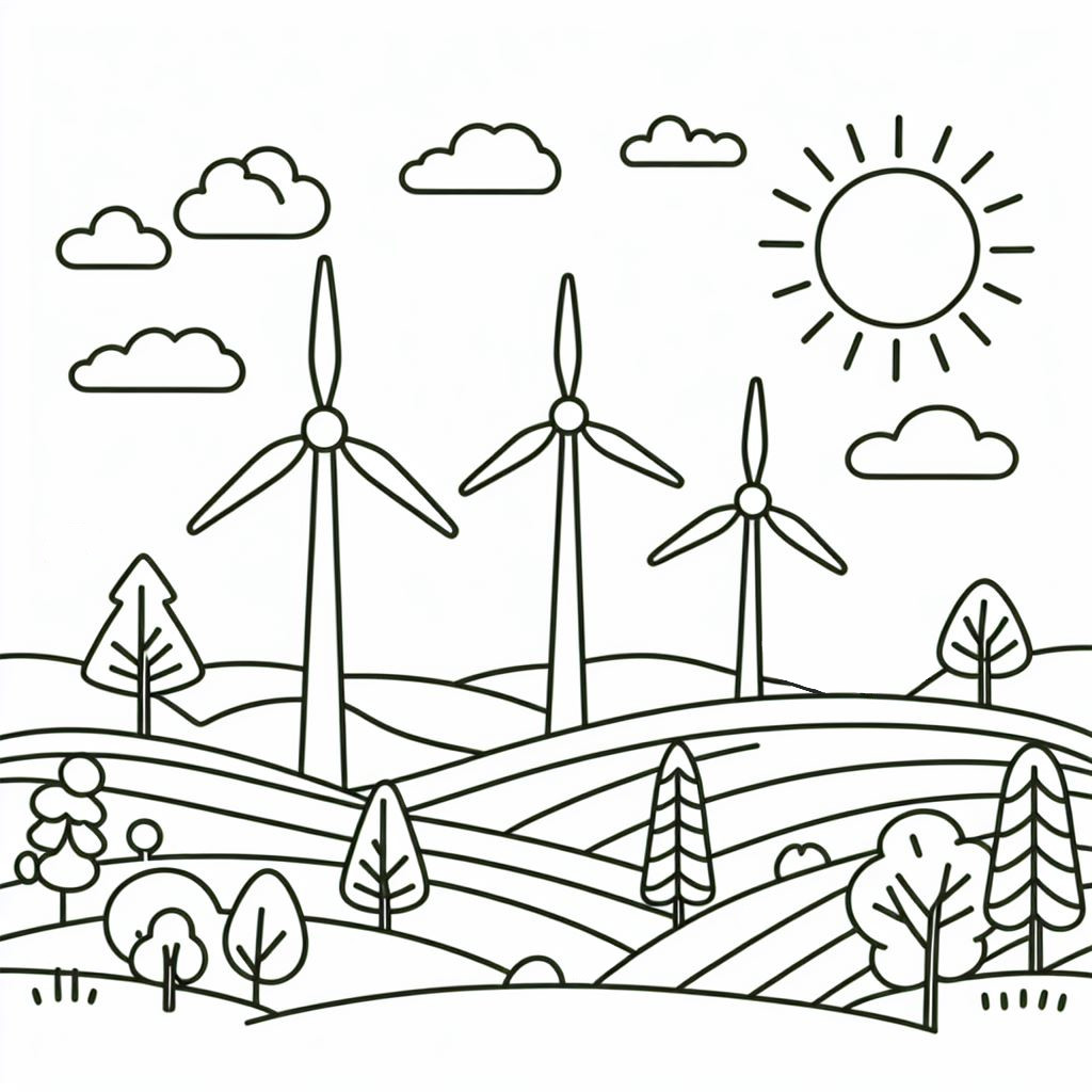 Landscape with Wind Turbines and Sun 🌄🍃 Coloring Page