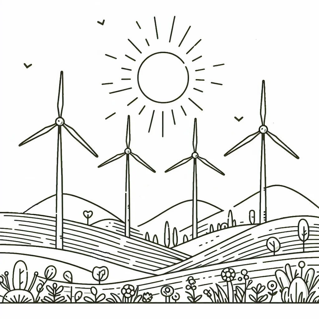 Landscape with Wind Turbines and Sun 🌄🍃 Coloring Page