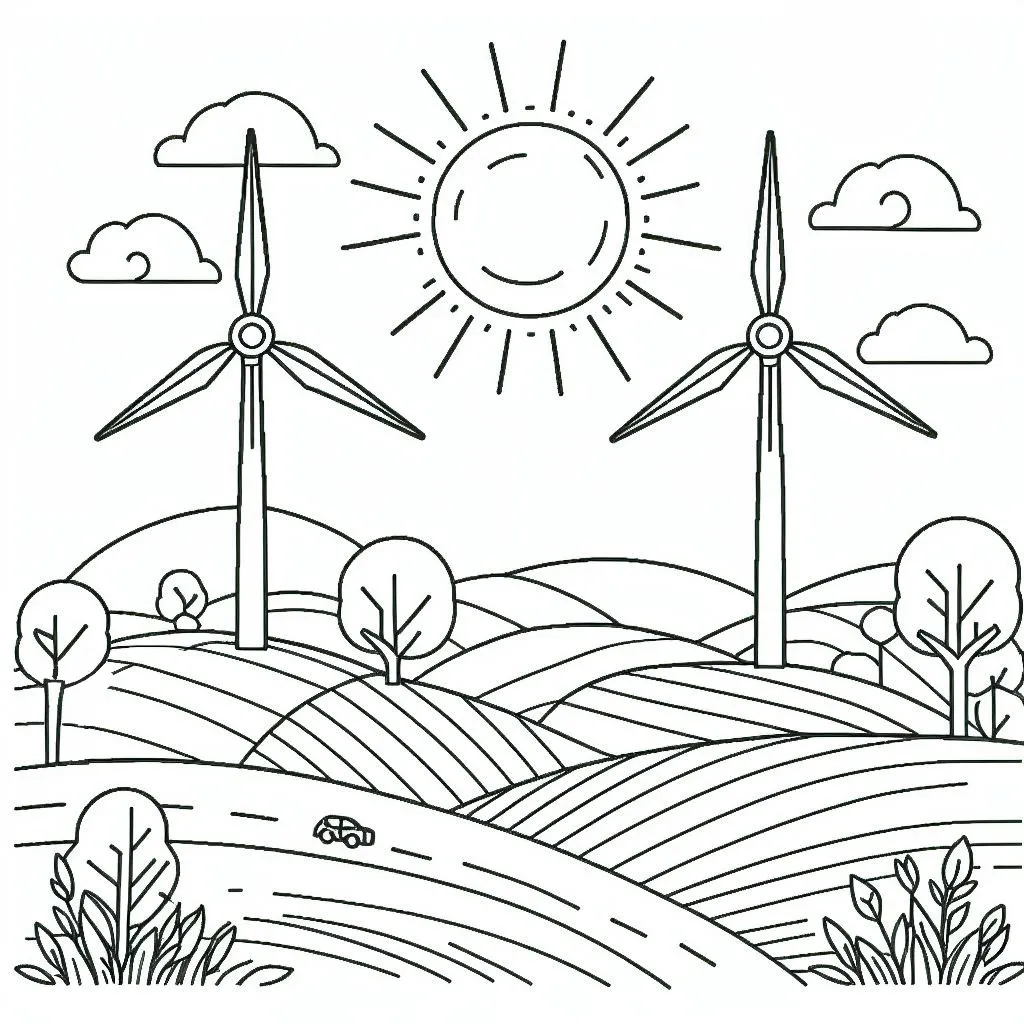 Landscape with Wind Turbines and Sun 🌄🍃 Coloring Page