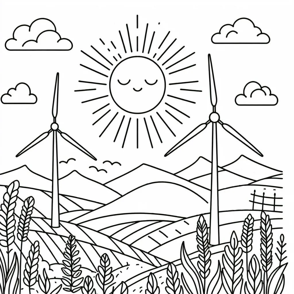 Landscape with Wind Turbines and Sun 🌄🍃 Coloring Page