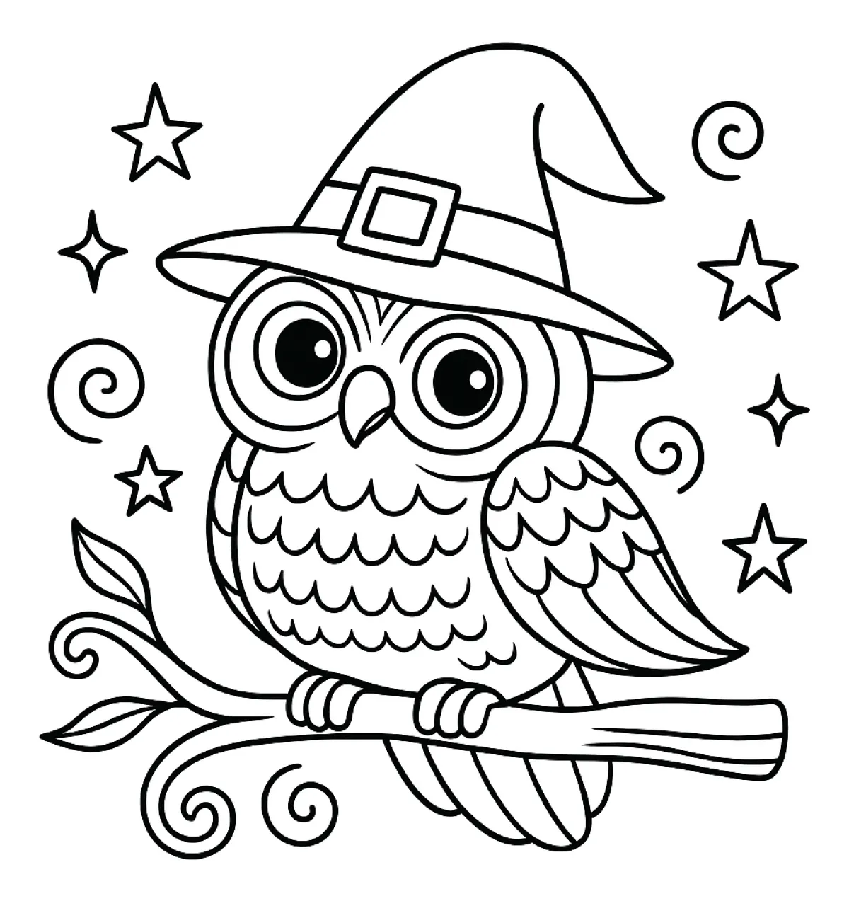 Wise Owl on Branch with Witch Hat and Starry Night 🦉✨🌙 Coloring Page