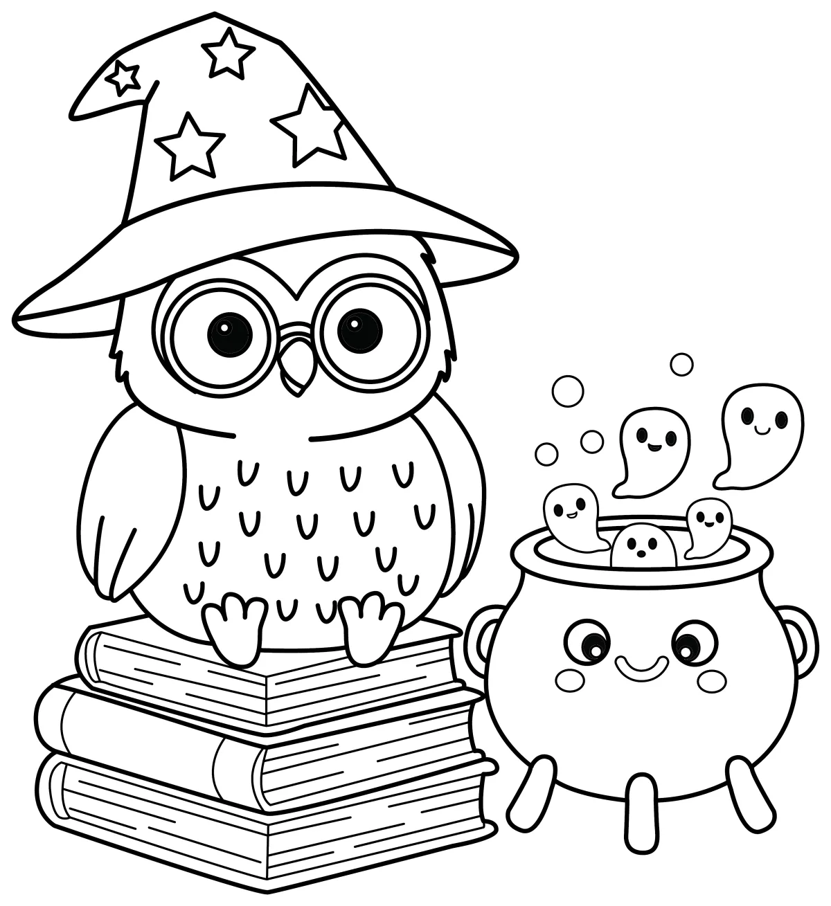 Wise Owl Witch with Ghosts in Cauldron 🦉🔮👻 Coloring Page