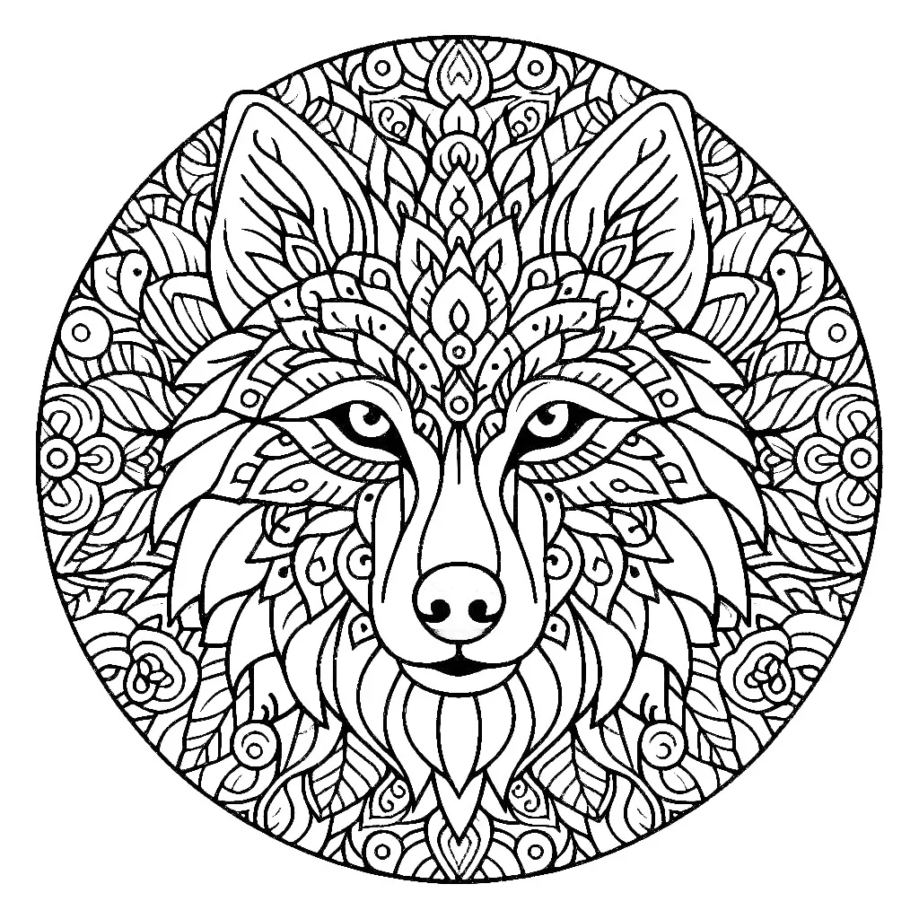 Wolf Head Mandala Style 🐺🎨🌀 Coloring Page
