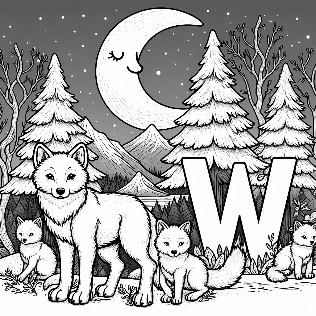 Wolf with Letter W and Baby Whelps 🐺🐾 Coloring Page