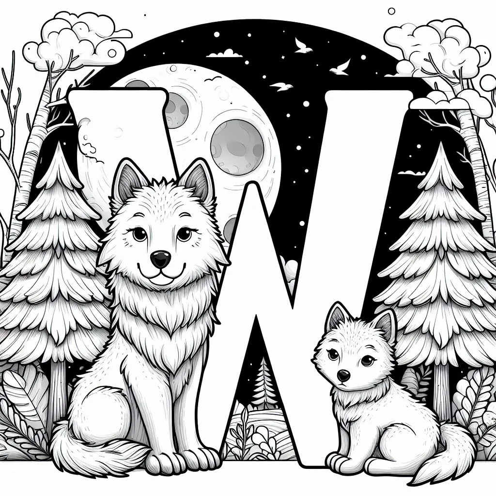 Wolf with Letter W and Baby Whelp at Night 🐺🌙🐾 Coloring Page
