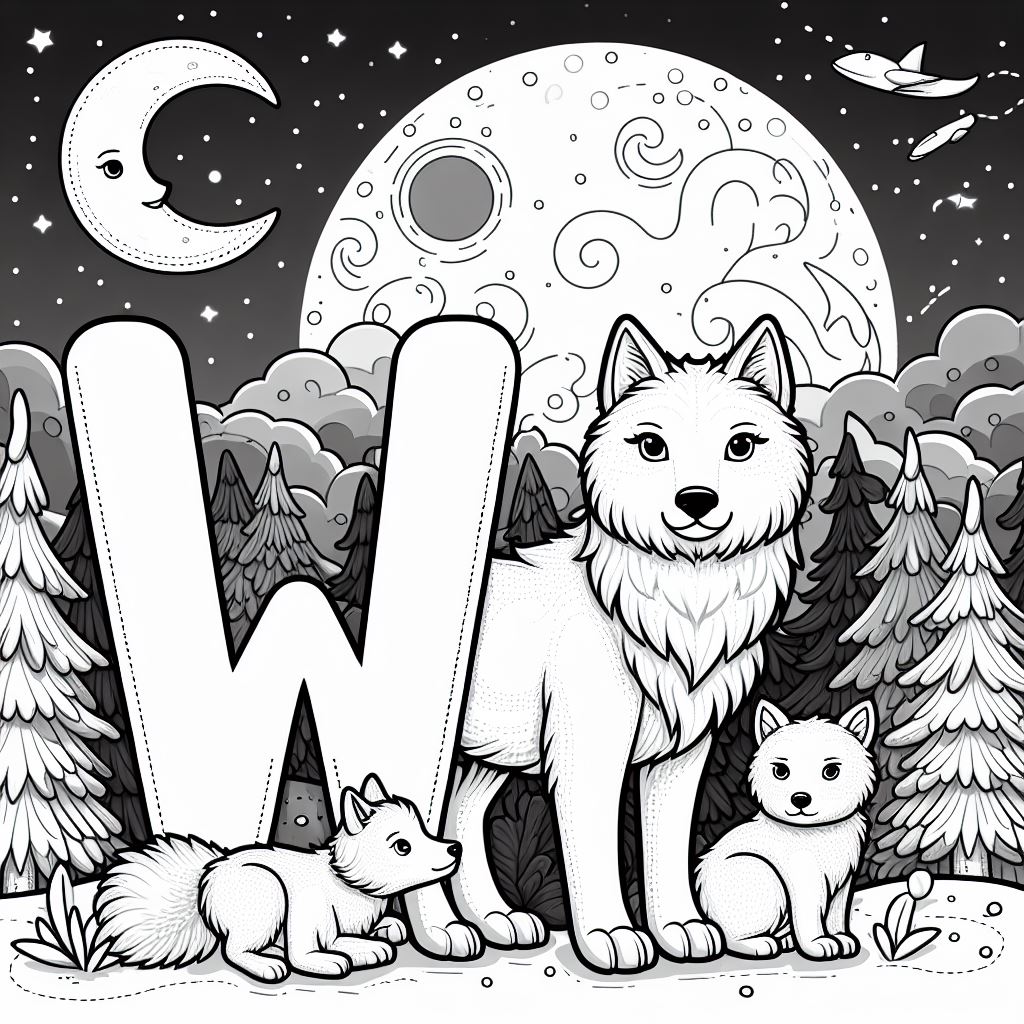 Wolf with Letter W and Baby Whelps at Night 🐺🌙🐾 Coloring Page
