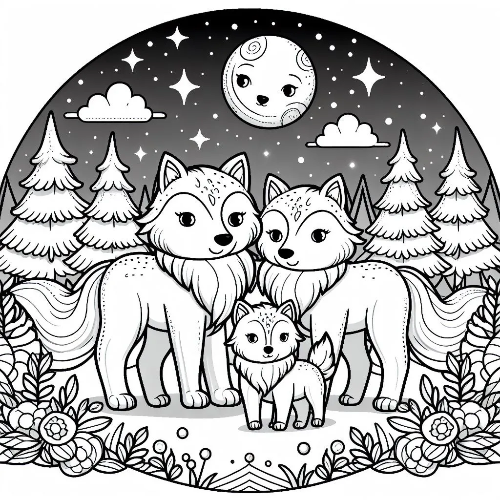 Wolf with Letter W and Baby Whelps at Night 🐺🌙🐾 Coloring Page