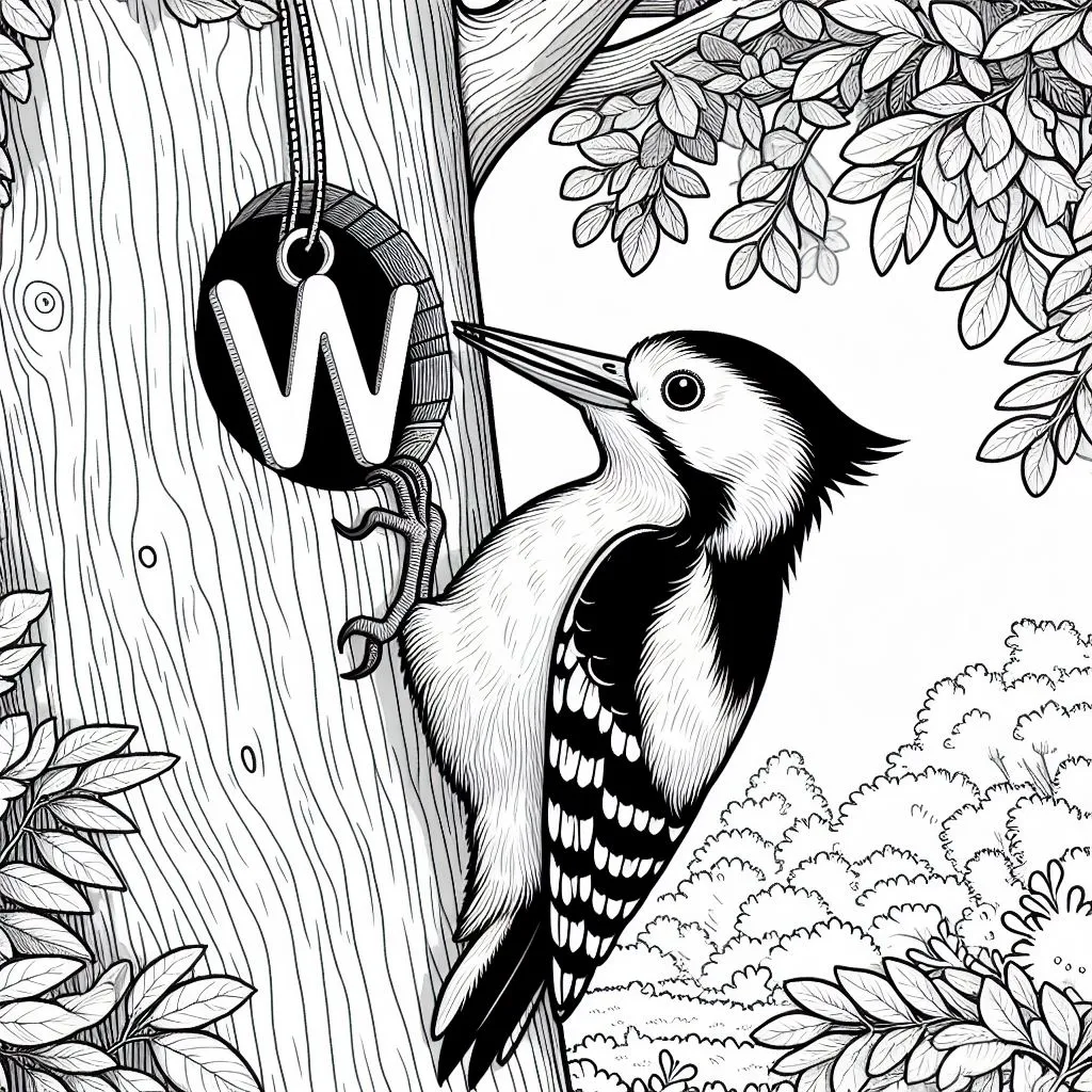 Woodpecker with Letter W on a Tree 🐦🌳 Coloring Page