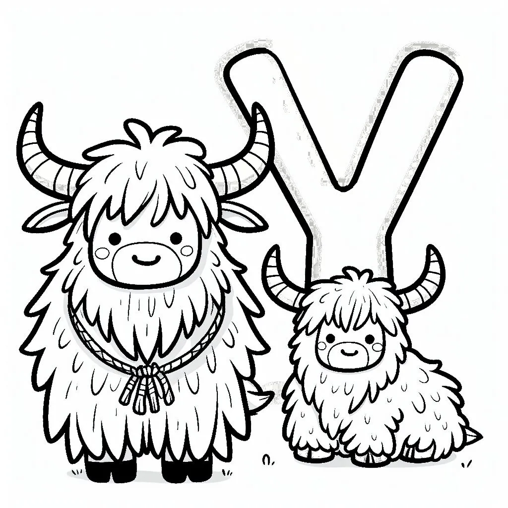 Yak with Baby and Letter Y Coloring Page