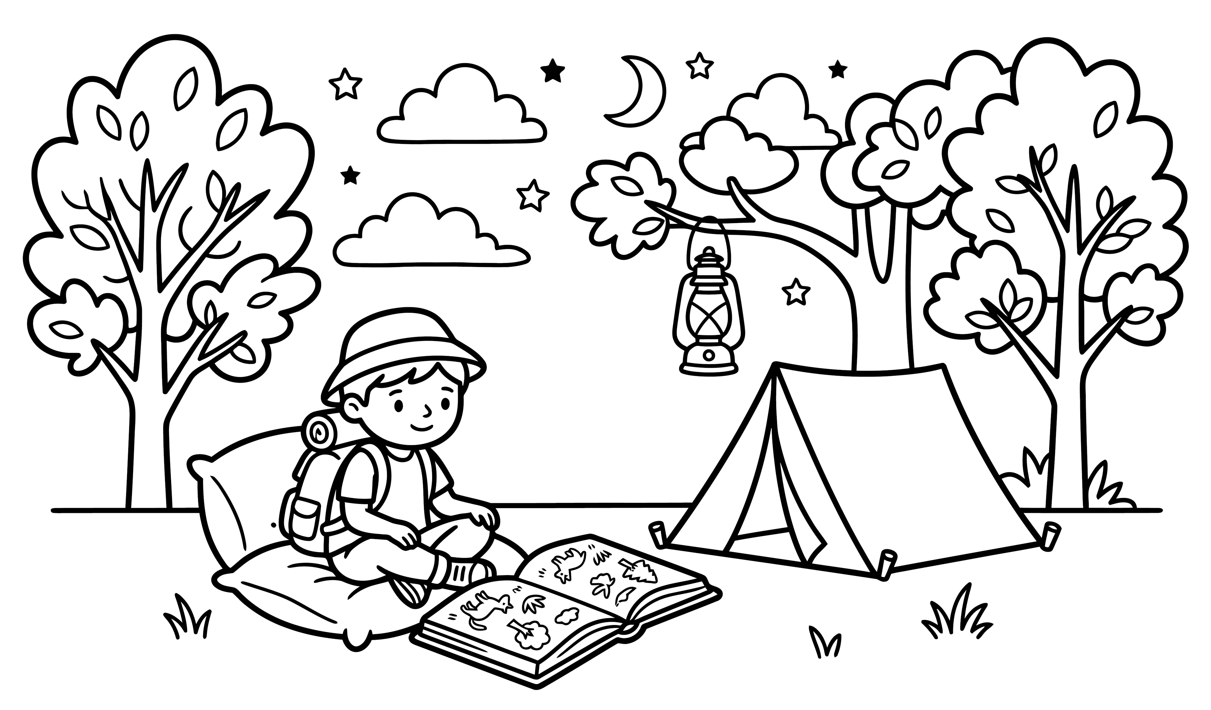 Young Boy Cozy Camping Under the Stars 🏕️⭐📖 Coloring Page