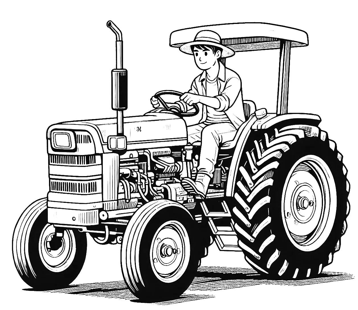Young-Farmer on Tractor 🚜🌱 Coloring Page