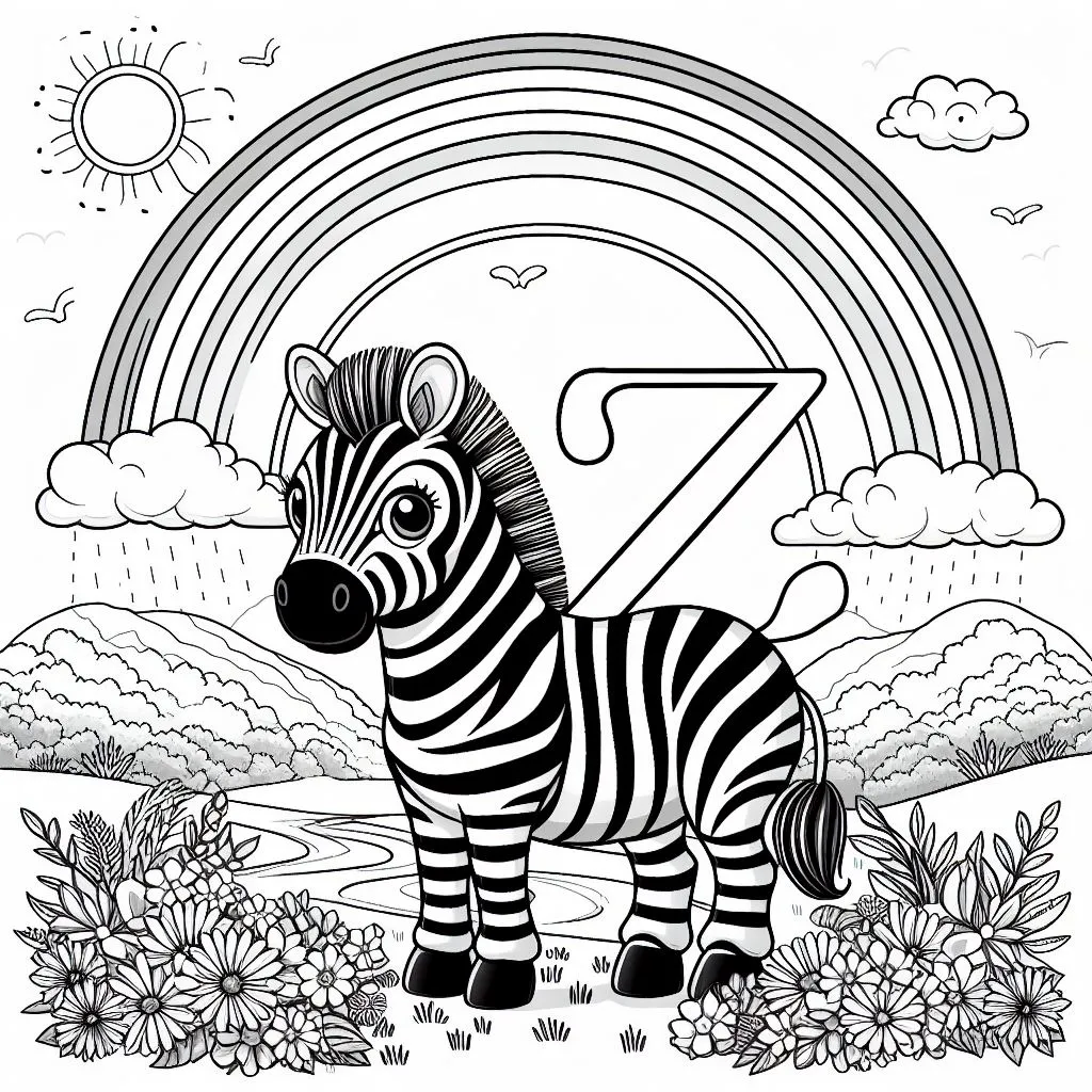 Zebra with Rainbow and Letter Z in Landscape 🦓🌈🏞️ Coloring Page