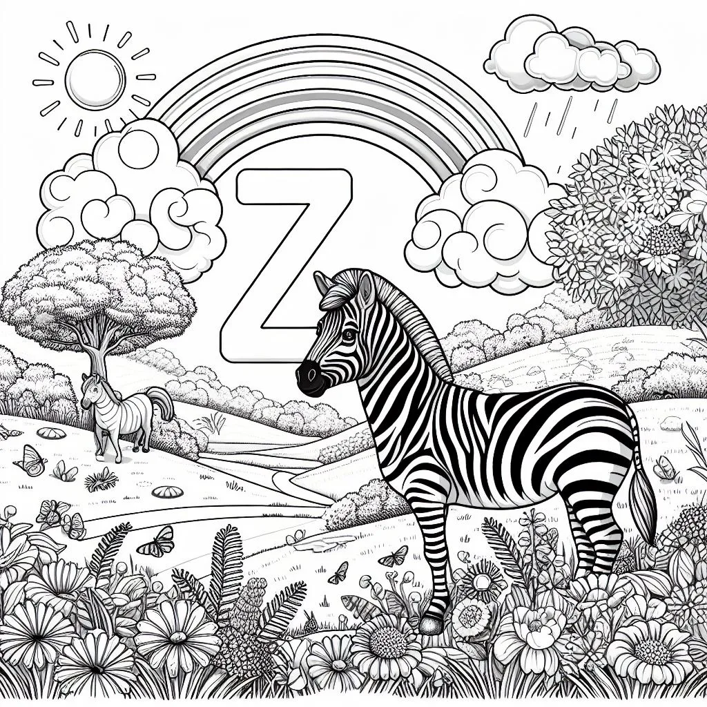 Zebra with Rainbow and Letter Z in Landscape 🦓🌈🏞️ Coloring Page