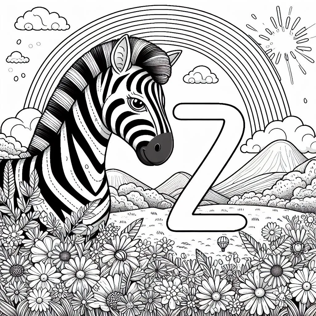 Zebra in Landscape with Rainbow and Letter Z 🦓🏞️🌈 Coloring Page