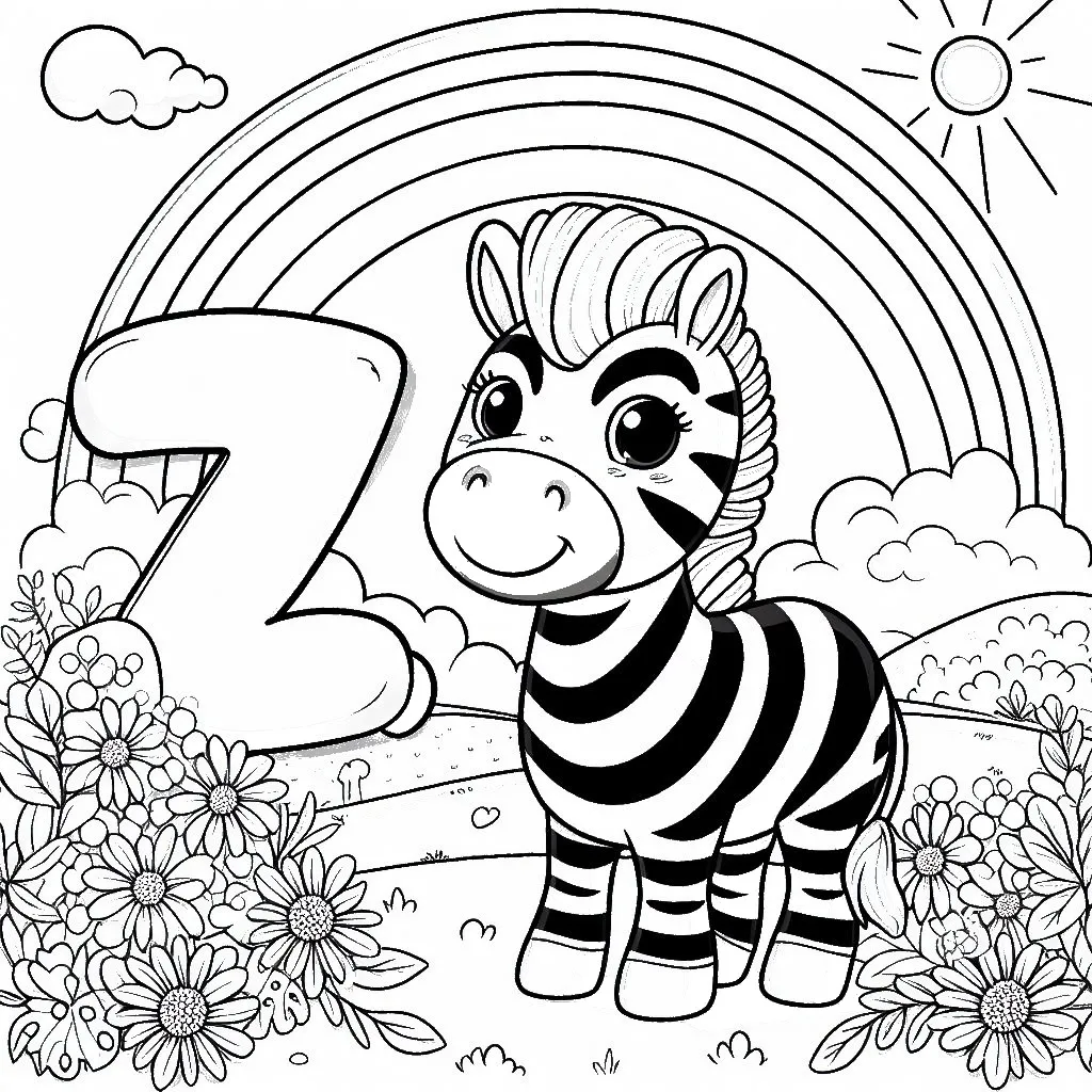 Zebra with Letter Z, Flowers, and Rainbow 🦓🌺🌈 Coloring Page