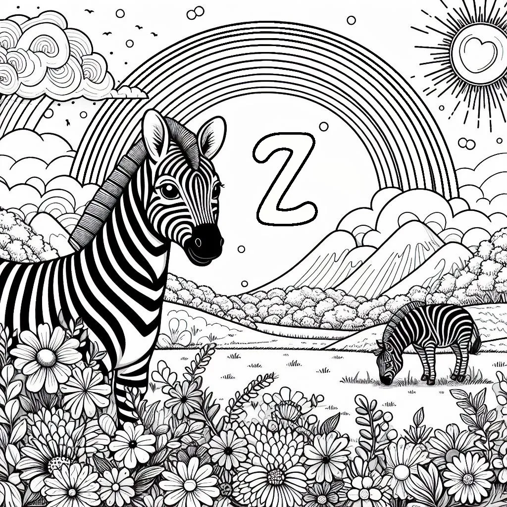Two Zebra in Landscape with Rainbow, Flowers, Sun, and Butterfly 🦓🦓🏞️🌈🌸🌞🦋 Coloring Page